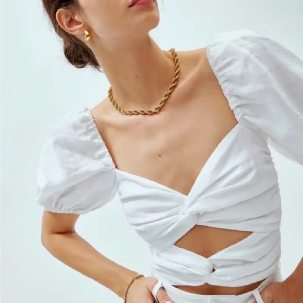 Reformation White Twist Front Puff Sleeve Crop Top - Picture 2 of 6